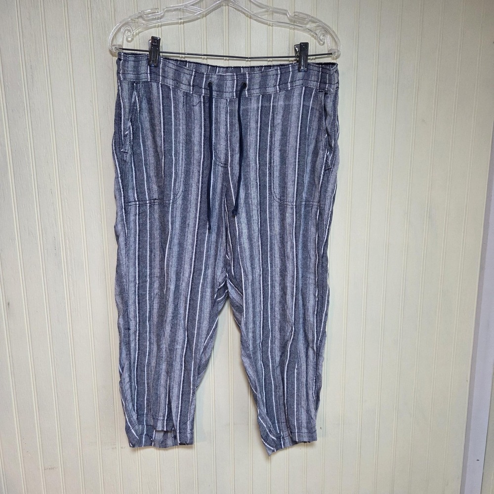 Dā-sh Capri Pants Womens M Blue Striped Linen Rayon Drawstring Casual Travel